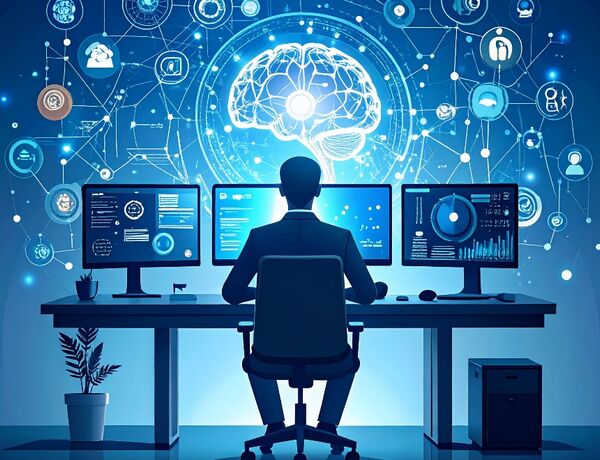 Ein abstraktes digitales Motiv mit Mensch-Silhouette am Schreibtisch, umgeben von Such-Icons, Datenströmen und KI-Symbolen